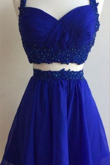 Hot Short Royal Blue Two Piece Chiffon Lace Backless Prom Dresses Homecoming Dress,Short Homecoming Dresses,Junior Prom Dresses,Graduation Dresses,Junior Formal Party Dress