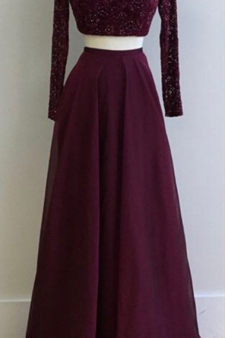 Burgundy Two Piece Lace Chiffon Long Sleeves Prom Dress, Lace Prom Dresses, A Line Prom Dress,sexy Formal Party Dress, Style Evening Dress, Long