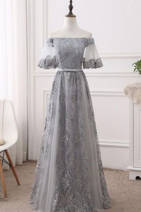 GRAY PARTY DRESS, TULLE LACE POM DRESS, LONG PROM DRESS, GRAY BRIDESMAID DRESS