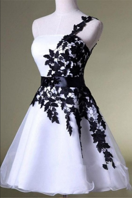White&amp;amp;black, One Shoulder ,homecoming Dress, Lace, Short Prom Dress ,puffy Skirt ,party Dress, Prom Dress ,prom Dress,evening Dress