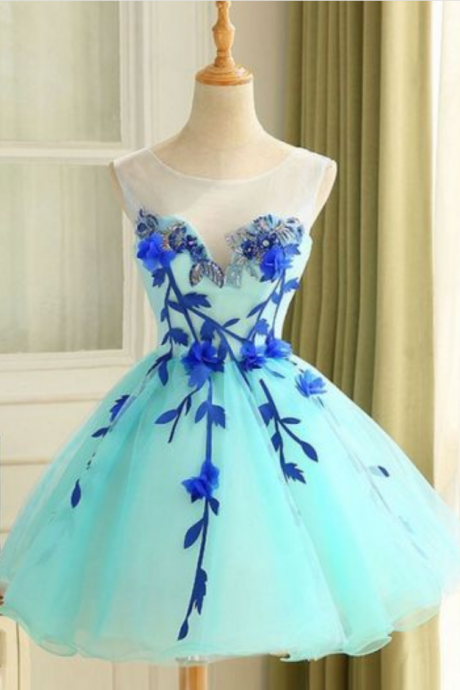 Light Blue Party Dresses, Short Homecoming Dresses, Ball Gown Tulle Homecoming Dress Beautiful A Line Flower Short Evening Dress