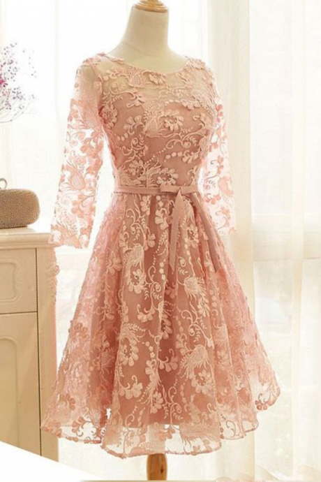 , Long Sleeve Dresses, Short, Coral Homecoming ,party Dresses ,with Bow Knot ,open-back, Knee-length ,easy Party Dresses, Short Prom Dresses,