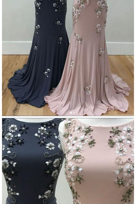 Bateau Sleeveless, Mermaid ,long Prom Dress, Evening Dress With Floral ,beading Embellishment, Evening Dress , Evening Gowns