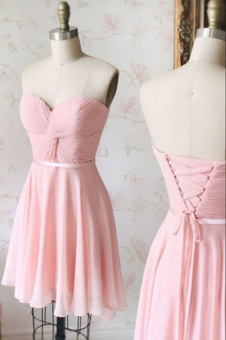 Simple Sweetheart Neck, Chiffon, Pink Short Prom Dress, Pink Bridesmaid ,short Evening Gowns