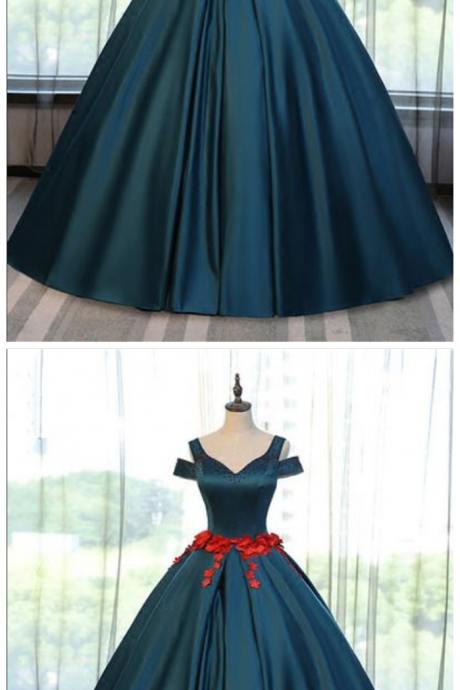 Ball Gown ,V Neck, Appliques ,Long , Modest Prom Dresses ,A line ,Evening Gowns