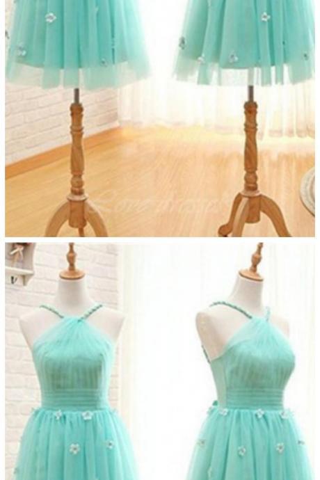 Halter Homecoming Dresses, Light Blue Short Homecoming Dresses, A-line Short Handmade Teal Tulle, Open Back Homecoming Dresses With Appliques