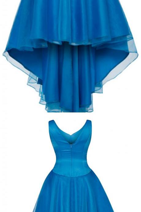 Sleeveless Blue Satin And Tulle, V Neck Evening Dress , High Low Homecoming Dresses,custom Made
