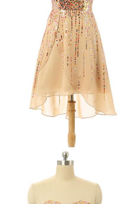 Asymmetric Tone Homecoming Dresses, Champagne Dress ,short Beading Homecoming Dresses,custom Made