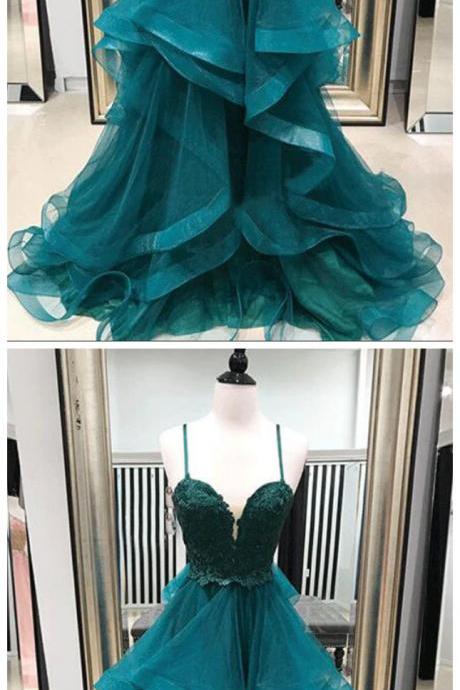 A-line Spaghetti Straps, Green Tiered Long Prom Dress With Appliques,sexy Formal Evening Dress,custom Made