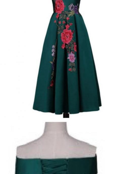 Dark Green Floral Print, Sleeveless Satin ,tea Length , Applique Boat Neck, Short , Formal Gowns , Fashion,custom Made