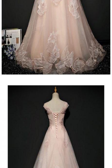 Unique Lace Pink Tulle, Long Prom Dress With Cap Sleeves,floor Length Formal Gowns , Fashion,custom Made