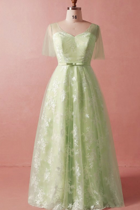 Plus Size Green Lace Tulle ,short Sleeve V-neck Prom Dress,formal Prom Dresses ,sexy Formal Evening Dress,custom Made