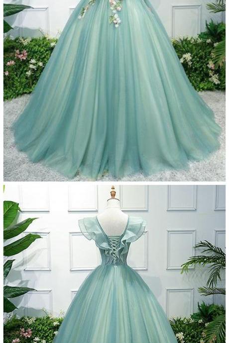 Custom Made 3d Flower Appliques Prom Dress,sexy V Neck ,ruffles Sleeves Evening Dress,floor Length Party Gown, Green Tulle Prom Dress,high