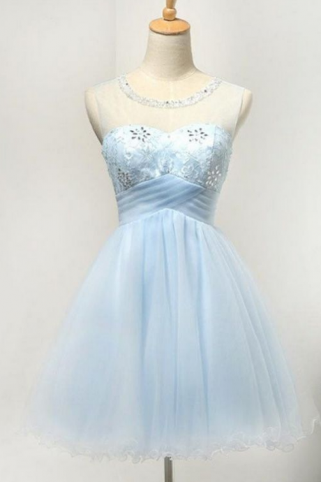 Light Blue Short Tulle Classy Girly Homecoming Dresses,lace Appliques Junior Prom Formal Dress