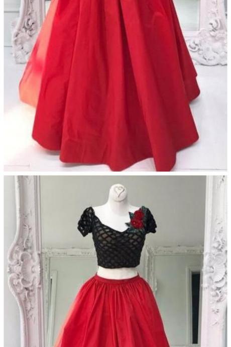 Red Tulle Two Pieces Sequins A-line Long Evening Dresses,prom Dress, Long Prom Dresses ,custom Made , Fashion