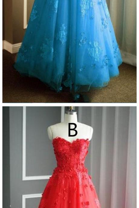 A Line Floral Lace Beaded Sweetheart Tulle Evening Gowns Long Prom Dress