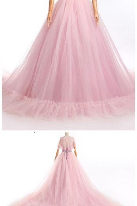 Puffy Rose Off Shoulder Party Dress ,semi-formal Prom Dress ,bubble Cuff Dress, Sweep Train ,affordable Long Prom Dresses