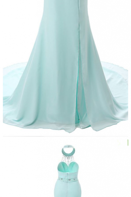 Glamorous Chiffon & Tulle Halter Neckline Mermaid Evening Dresses With Beads & Rhinestones