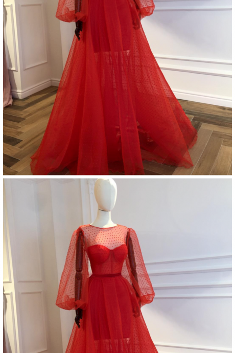 High Quality Charming O Neckline,Sexy Long Puff Sleeves , A-line Prom Dress , Floor Length
