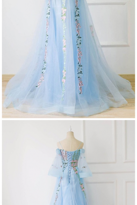 Sweetheart Neck Blue Tulle Off Shoulder Long Prom Dress, Evening Dress With Sleeves