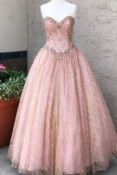 Chic Pink Prom Dress A-line Sweetheart Beading Long Prom Dresses Party Evening Dress