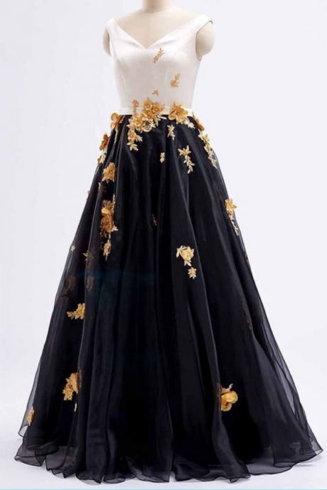 Black Tulle V Neck Long Lace Appliques Prom Dress, Prom Dress Party Dress, Prom Dress,formal Dress