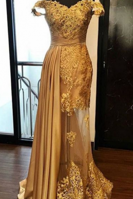 Off The Shoulder Gold Prom Dress Pageant Dress With Illusion Skirt