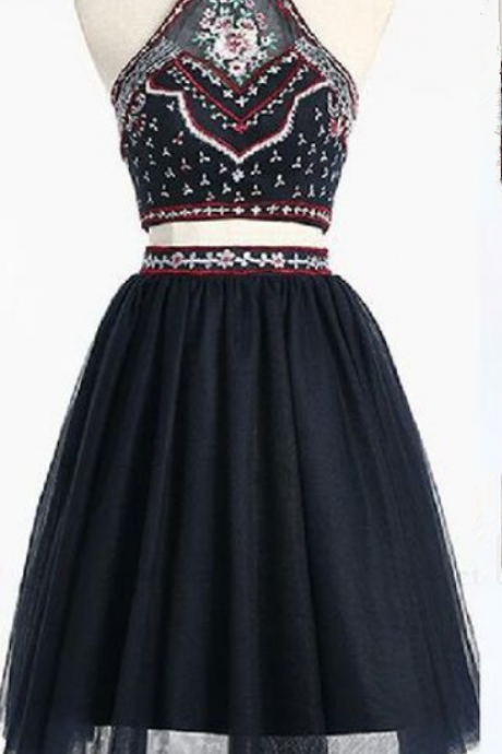 A-LINE, BLACK, TWO PIECE, HIGH NECK SHORT PROM DRESS, HOMECOMING DRESS