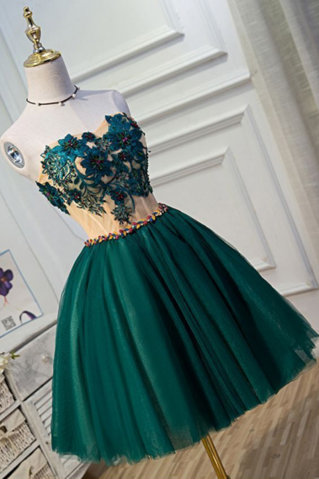 Deep Green Tulle Sweetheart Neckline Short Party Dress With Appliqués, Beaded Homecoming Dresses