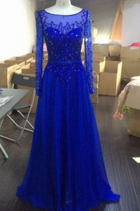 Royal Blue Prom Dress With Long Sleeves, Evening Gown ,graduation Party Dresses