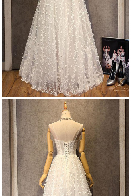 Pretty White 3d Lace Sweetheart Long Spaghetti Straps Evening Dress, Wedding Dress