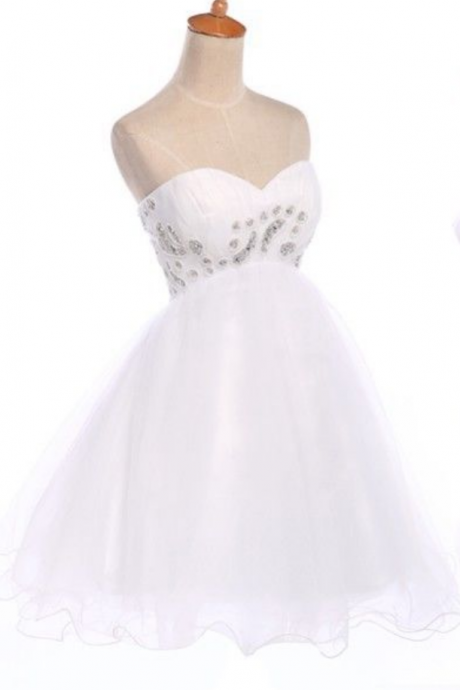 Fashion White Strapless Knee Length Beadeed Prom Dresses Evening Dress Bridesmaid Dresses Custom Made
