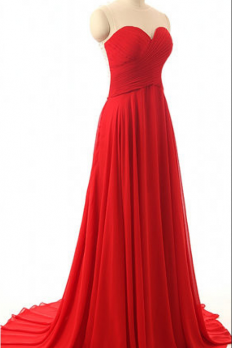 Red Floor Length Chiffon A-line Prom Dress Featuring Ruched Sweetheart Illusion Bodice, Lace Appliques Detailing And Sweep Train