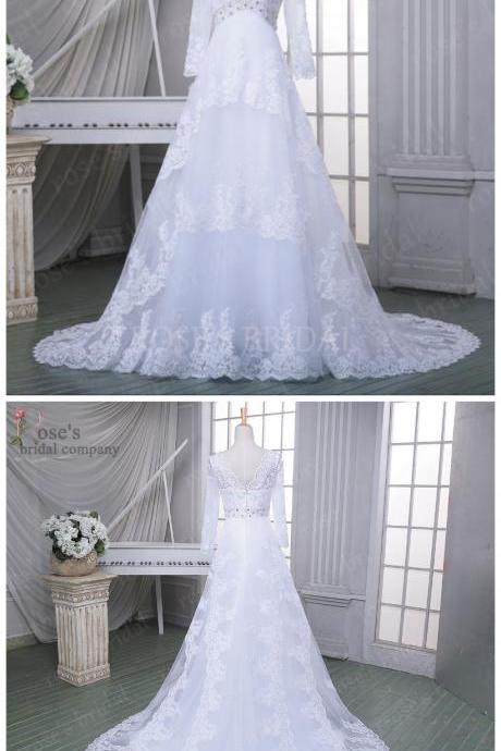 Custom Long Sleeve Lace Wedding Dress, White Wedding Dresses, Vintage Wedding Dress, V Neck Wedding Dress, Wedding Gowns, Mermaid Bridal