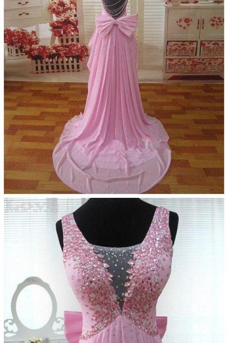 Sexy Formal Dresses,custom Made A Line ,beadings Pink Prom Dresses With Bow, Formal Dresses, Prom Formal Dresses,girls Party Dress, Sexy Prom