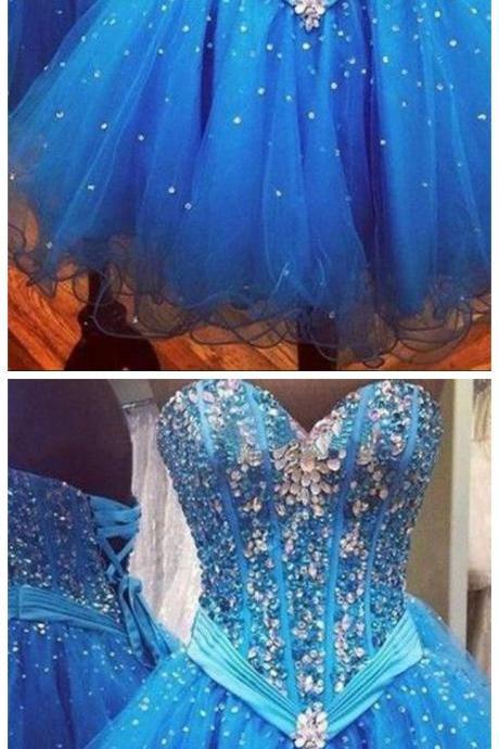 Luxury Beads Rhinestone Organza Blue Sweetheart Homecoming Dresses ,sweetheart Evening Dresses,tulle Prom Gowns,wedding Gowns,homecoming Party