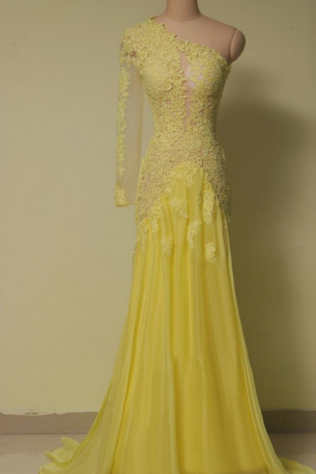 Custom Made Charming Prom Dresses,appliques Prom Dress,yellow Mermaid Lace Prom Dress,one-shoulder Tulle Prom Dress,long Sleeve Prom Dress, Long