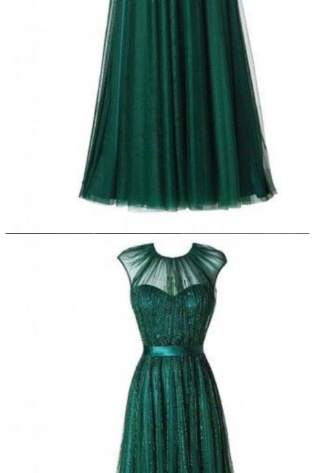 Custom Made Charming Green Chiffon Formal Dresses,luxury Beads Tulle Prom Dress,o-neck Prom Dress,sequined Prom Dress,a-line Evening