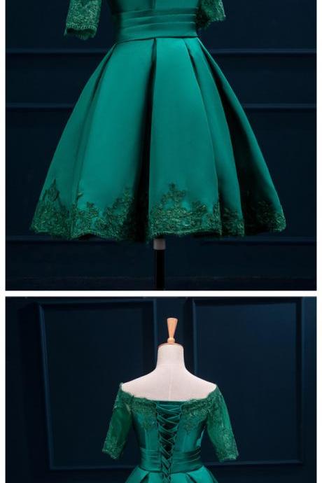 Party Dress,green Satin Applique A-line Vintage Prom Party Dresses, Bridesmaid Formal Dress