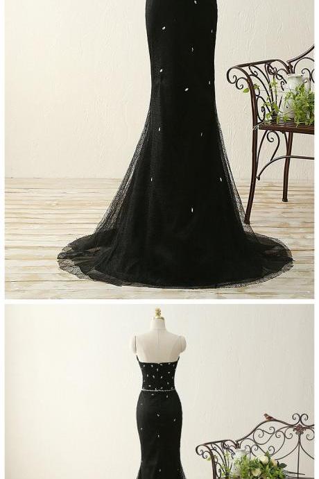 Black Lace Sweetheart Crystal Beads Mermaid Evening Prom Dress, Evening Dresses, Formal Dresses, High Quality Party Dresses,high Quality