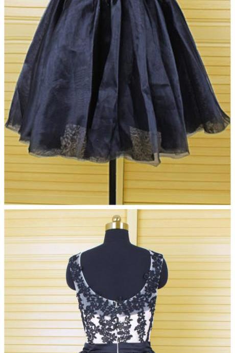Short Black Lace Party Prom Dress, Junior Homecoming Dress, Short Black Pretty Wedding Bridesmaid Dresses For Girls