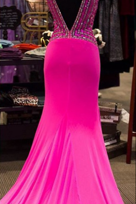 Prom Dresses, Custom Made High Quality Prom Dress, Rosy Prom Dress,v-neck Prom Dress,backless Prom Dress,crystals Prom Dress