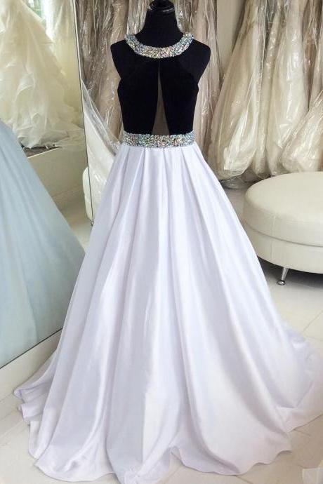 Black And White Prom Dress,satin Long Prom Dresses,evening Dresses Prom Gowns With Crystals Prom Dress