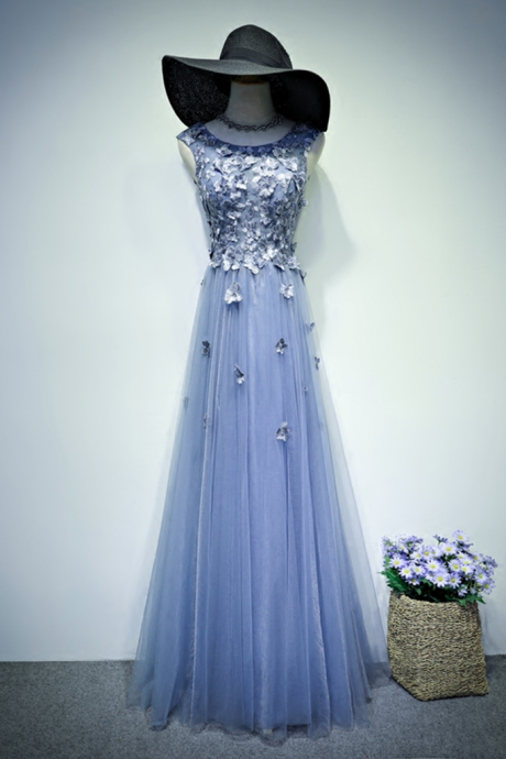 Charming Prom Dress,Appliques Evening Dress,Tulle Formal Evening Dresses,Floor Length Blue Homecoming Dress,Long Prom Dress 