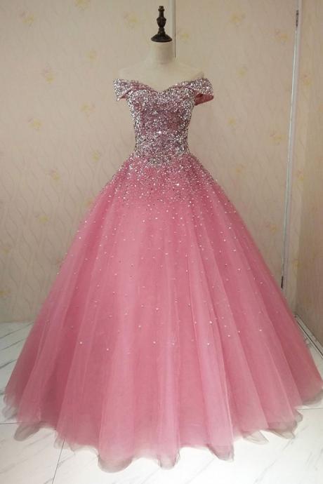 Pink Sweetheart Luxurious Beaded Long Prom Dress,sequins Tulle Formal Evening Dresses, Tulle Prom Dress