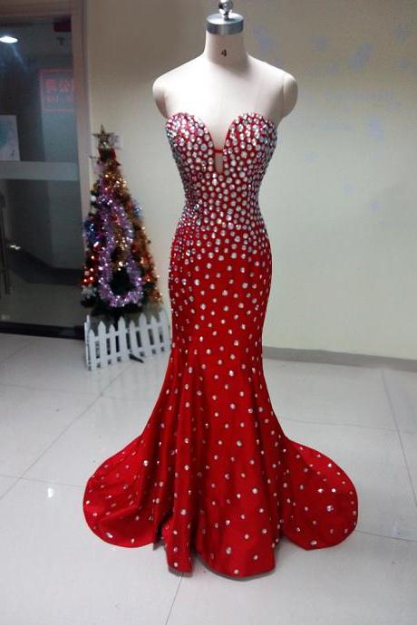 Beaded Red Mermaid Dress Evening Formal Gowns 2017,Red Prom Dress,Red Mermaid Prom Dress,Red Evening Dresses,Sexy Evening Gowns,2017 Evening Gown, Prom Dress Long Red