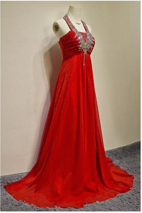 A Line Floor Length Evening Dress Prom Dress Custom Made Beading Halter Bridal Party Dress