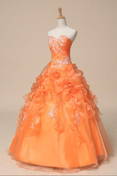 Lace Applique Orange Ball Gown Quinceanera Dress Long Evening Dress Prom Dress Custom Made Bridal Party Dress