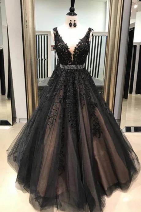 Black A Line Prom Dress With Lace, Sweet 16 Dresses, Evening Dress, Dance Dress, Graduation School Party Gown