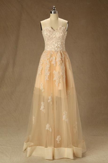 Sexy See-Through Champagne Long prom Gowns, Real Photos Lace Appliques Evening Gowns